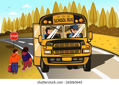 A vector illustration of school bus driver and kids