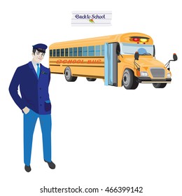 Vector illustration of a school bus driver. The driver is wearing a blue uniform and standing in front of the yellow school bus. Back to school.