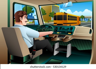 A vector illustration of School Bus Driver Driving a Bus