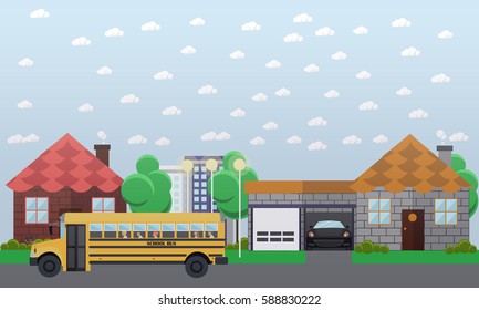 Vector illustration of school bus going in the street. School transportation concept design element in flat style.