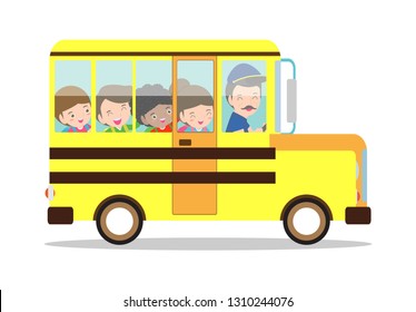 Vector illustration of School bus. happy smiling kids riding on a school bus with a driver. back to school Isolated on white background