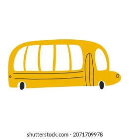 Vector illustration of school bus isolated on white background in flat cartoon hand drawn style. Childish transport icon for nursery, baby apparel, textile and product design, wallpaper, wrapping