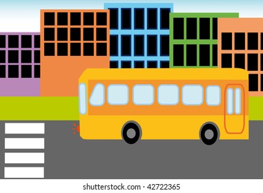 vector illustration of school bus in midlle of town