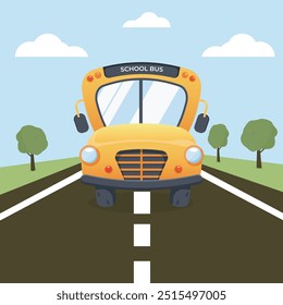 Vector Illustration of a School Bus on a Scenic Road

