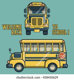 Vector illustration of school bus on blue background.