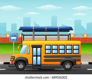 Vector illustration of School bus on city skyline background