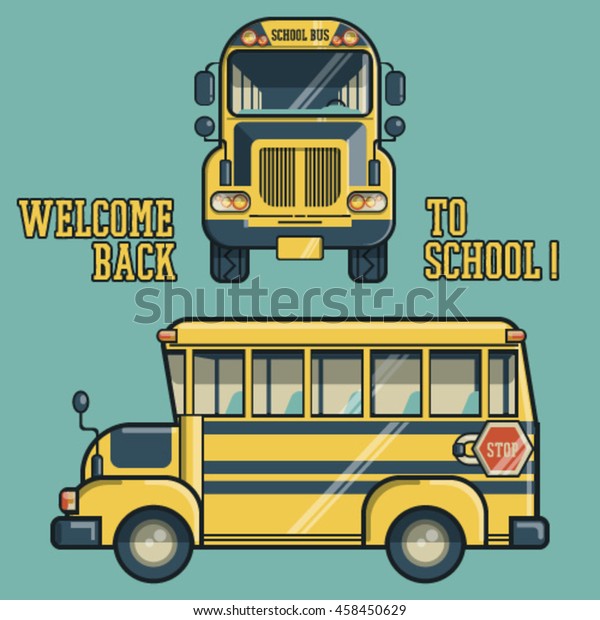 Vector\
illustration of school bus on blue\
background.