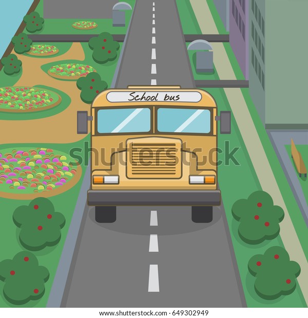Vector\
illustration of school bus on the road in\
town