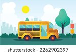 vector illustration of a school bus scene through the city