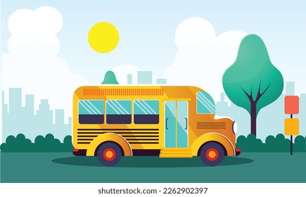 ilustración vectorial de la escena de un autobús escolar a través de la ciudad