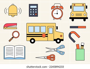 Vector illustration of school bus and stationery.