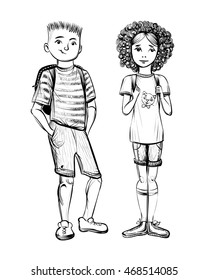 Vector illustration of school children, boy and girl. Hand drawn sketch.