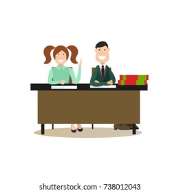Vector illustration of school children boy and girl sitting at the desk in classroom. School people concept flat style design element, icon isolated on white background.