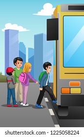A vector illustration of School Children at School Bus Stop