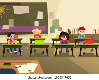 Eine Vektorgrafik von Schulkindern im Klassenzimmer mit Maske