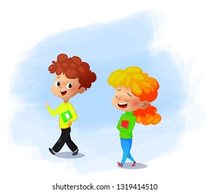 Vector Illustration of school children discussing some books.