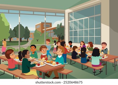 A vector illustration of School Children Eating Lunch at School Cafeteria