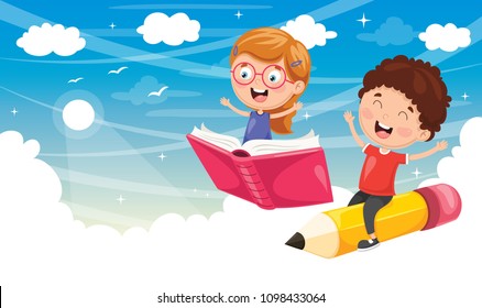 Vector Illustration Of School Children Flying