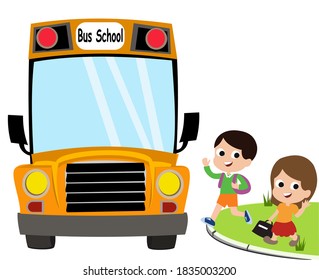 ilustración vectorial de los escolares que van a la escuela utilizando el autobús escolar