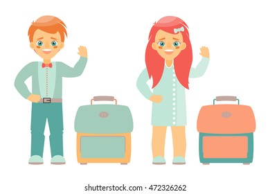 Vector Illustration of School Children. Schoolboy and schoolgirl. Isolated on a white background.
