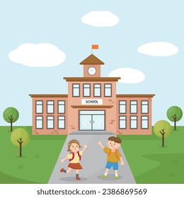 Vector illustration of school and children. Students go to school. School building background with sky and grass. Back to school.