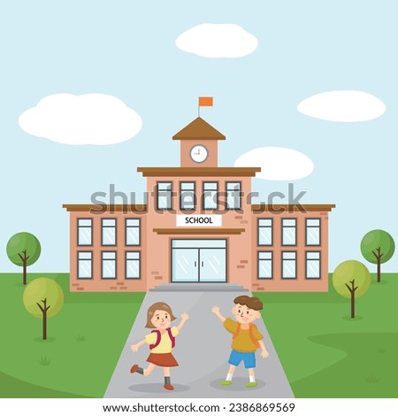 Vector illustration of school and children. Students go to school. School building background with sky and grass. Back to school.