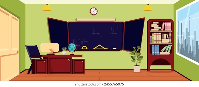 Ilustración vectorial de un aula escolar. Escena de dibujos animados de un aula escolar interior con pizarra, tiza, escritorio del profesor, computadora, globo, biblioteca, macetas, ventana con vista a la ciudad, puerta.