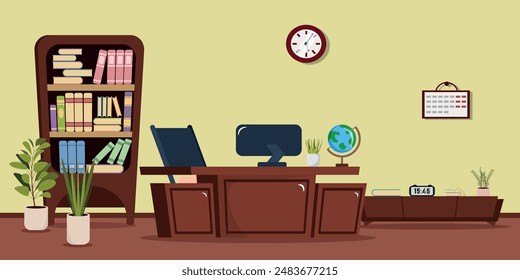 Ilustración vectorial de un aula escolar, un pupitre de profesor. Escena de dibujos animados de una mesa, sillas con una computadora, un globo terráqueo, una biblioteca, macetas, una mesita de noche con un reloj digital, un calendario.