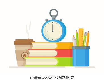 Vector illustration of a school concept. School books, coffee glass, clock, pens. Flat design of school supplies. 