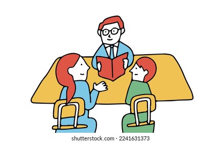 Vector illustration of school concept. Parent-teacher conference. Tripartite meeting. 