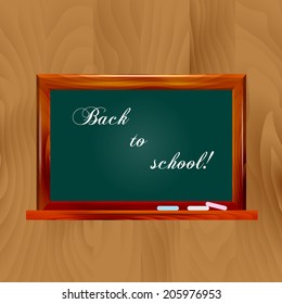 Vector illustration school dark green chalkboard on wooden background. Back to school!