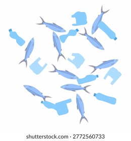  A vector illustration of a school of dead fish with scattered plastic bottles. A concept for a movement to clean up plastic waste.