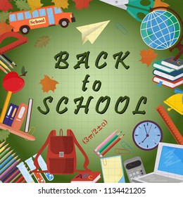 vector illustration of school design of school subjects a globe, backpack, ruler, books, pencils, items, print-ready layouts training-related background is isolated