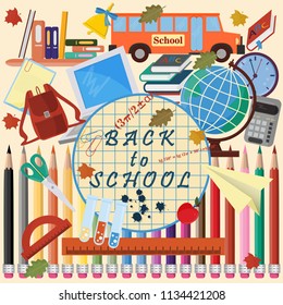 vector illustration of school design of school subjects a globe, backpack, ruler, books, pencils, items, print-ready layouts training-related background is isolated