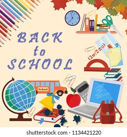 vector illustration of school design of school subjects a globe, backpack, ruler, books, pencils, items, print-ready layouts training-related background is isolated
