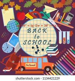 vector illustration of school design of school subjects a globe, backpack, ruler, books, pencils, items, print-ready layouts training-related background is isolated