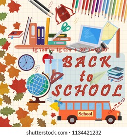 vector illustration of school design of school subjects a globe, backpack, ruler, books, pencils, items, print-ready layouts training-related background is isolated