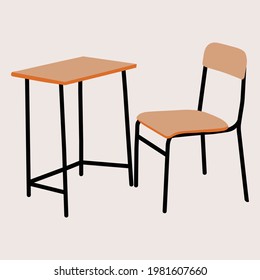 Vector illustration of  school desk and chair, perspective side view. Isolated on white background. The wooden piece of furniture.