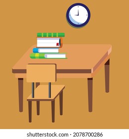 Vector illustration of school desk and chair, perspective side view. Isolated on yellow background