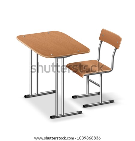 Vector illustration of school desk and chair, perspective side view. Isolated on white background