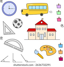 Vector Illustration of School Elements Including Bus, Clock, Building, Tools, and Art Supplies for Educational Designs