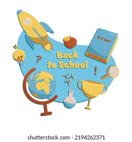 Ilustración vectorial con equipo escolar: Libro, Globe, Rocket, Cup, Apple, etc. en Resumen Spot Background. Perfecto para Banners Web, Medios Sociales, Materiales Impresos, etc.