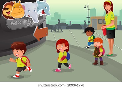 A Vector Illustration Of School Field Trip To A Zoo