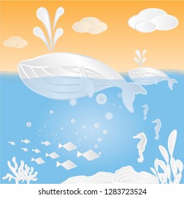 Vector illustration, school of fish and silhouette of marlin fish on a blue sea background