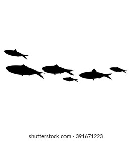 Vector Illustration School Of Fish Swimming In Group. Sardines Black Silhouette