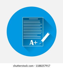 Vector illustration school form grades on blue background. Flat image excellent test result with long shadow. Layers grouped for easy editing illustration. For your design.