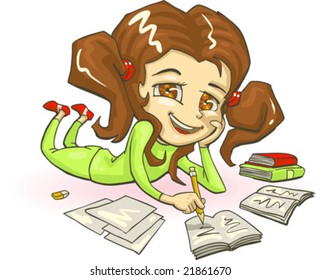 vector illustration of school girl doing homework