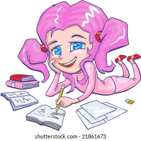 vector illustration of school girl doing homework