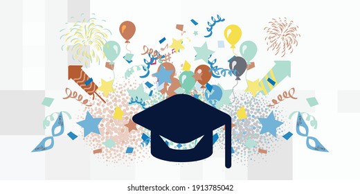 ilustración vectorial de la celebración de la graduación escolar con accesorios de fiesta y gorro académico