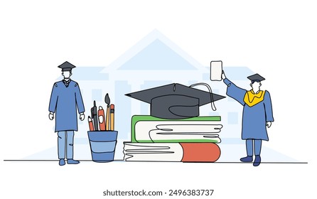 Ilustración vectorial de la graduación escolar. Piso moderno en estilo línea continua.